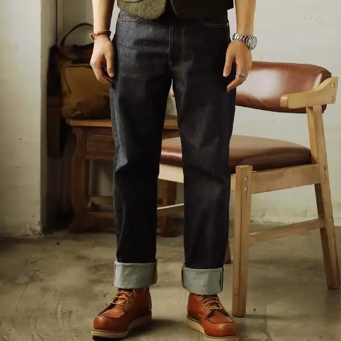 55501 Red Tornado Super qualité Indigo lisière pantalon non lavé coupe ample non sanforisé Jean en Denim brut 14oz