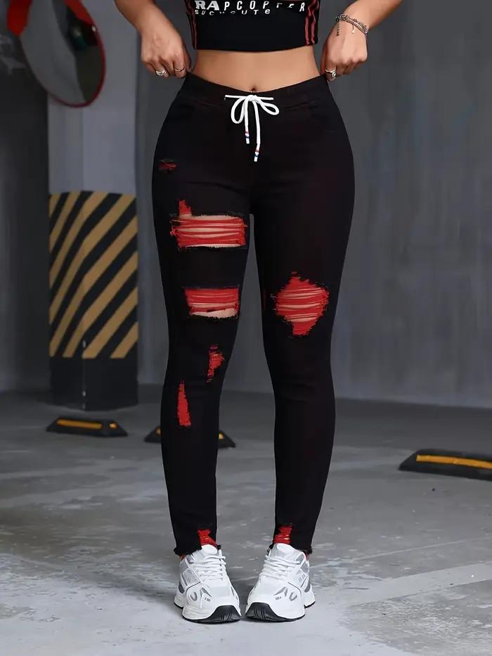 Jean rouge vieilli coton élastique pour femmes coupe slim adaptable toutes saisons à offrir pour bureau sorties événements
