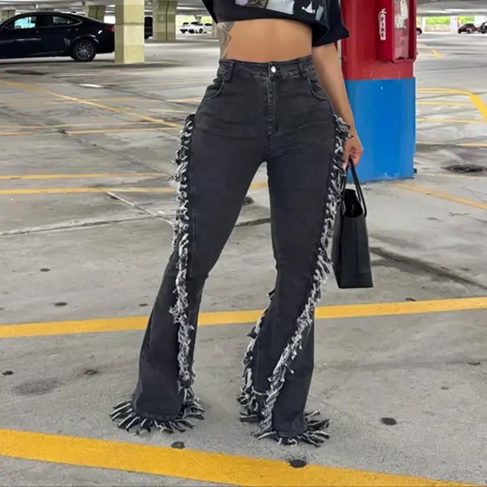 Pantalon évasé en Denim à franges en détresse pour femme