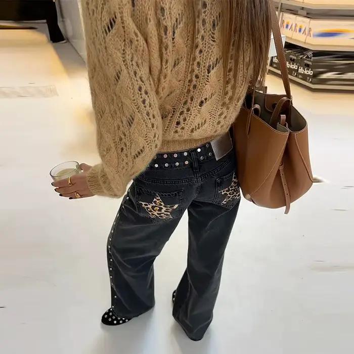 Léopard étoile jean Y2K femmes nouvelle mode taille haute fermeture éclair