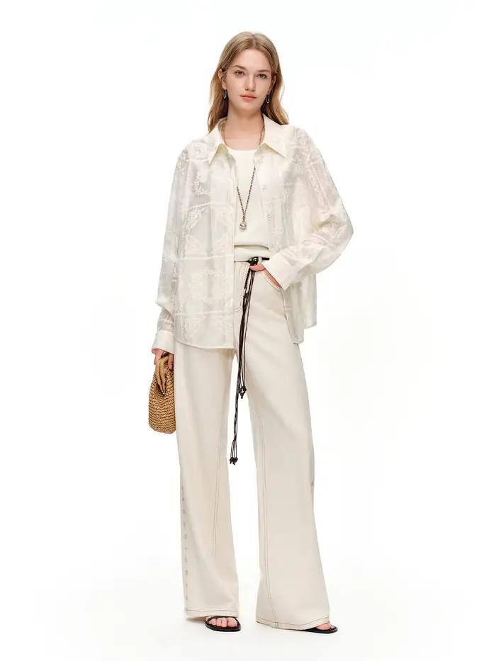 DUSHU 2024 – Jean droit brodé en mélange de lin blanc pour femme – Pantalon élégant et décontracté pour le quotidien et l'été