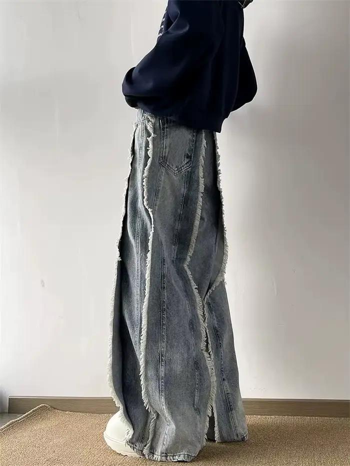 Jeans à franges et bords bruts en polyester, style streetwear, coupe ample et tombante pour hommes occasions quotidiennes
