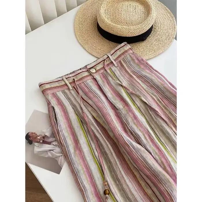 Pantalon large en lin rayé rose pour femme