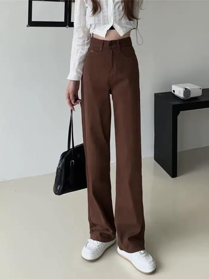 Jean Marron Taille Haute en Denim pour Femme