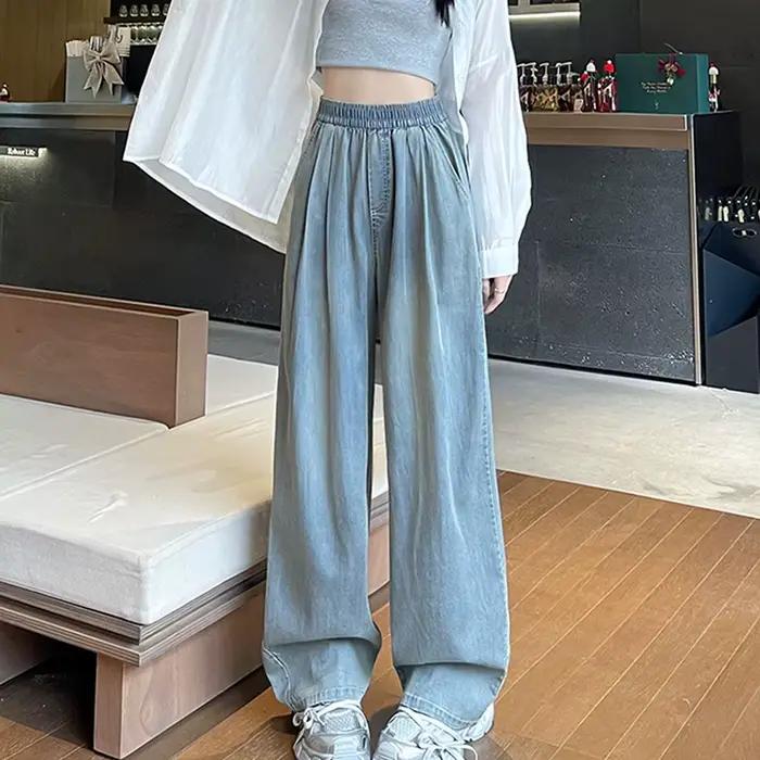 Jean décontracté à taille élastique pour femme, coupe large, denim souple et léger, style Harajuku, pantalon droit, mode automne, style décontracté polyester adoucissant