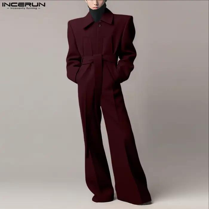 INCERUN hommes salopette couleur unie revers à manches longues décontracté jambe large combinaisons ample Streetwear 2025 mode mâle barboteuses S-5XL