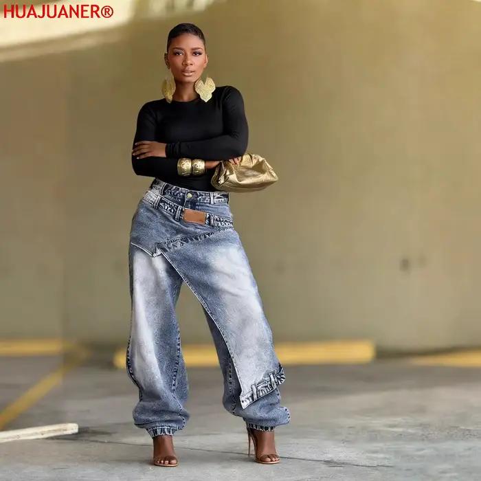 Jeans femme vintage coupe large délavé streetwear patchwork patches pantalon droit effet usé longueur ras du sol printemps 2026