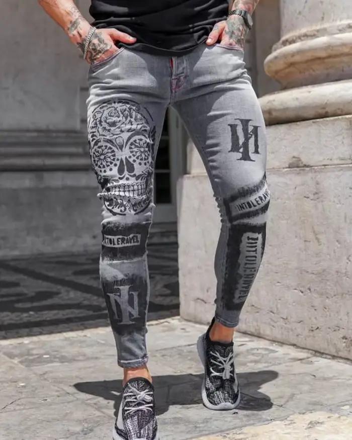 Jean extensible pour hommes à la mode pantalons décontractés mince imprimé gris