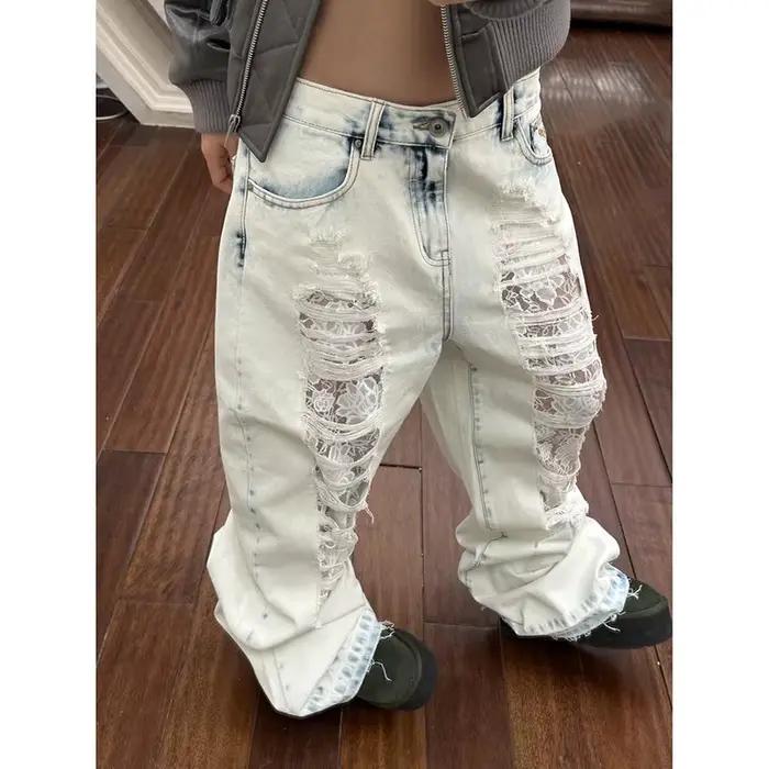 Y2K américain bleu clair femmes déchiré jean taille haute rétro classique jambe droite