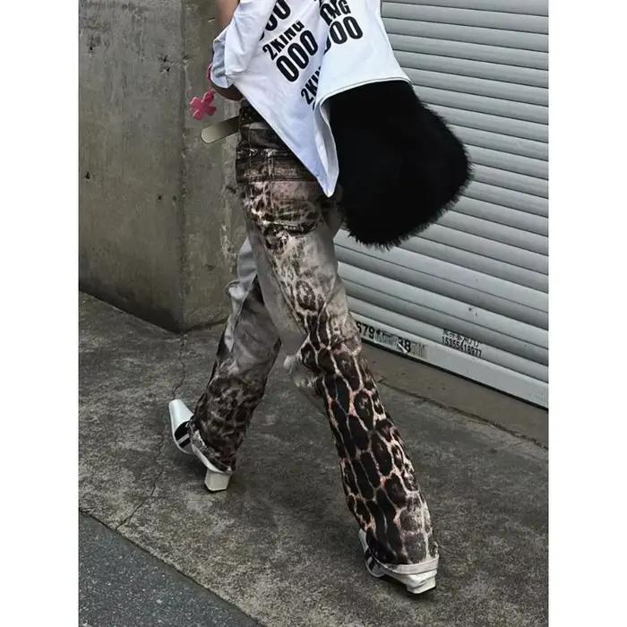 Jean droit imprimé léopard dégradé rétro américain pour femmes Y2K Harajuku mode Niche ample 2025 été décontracté