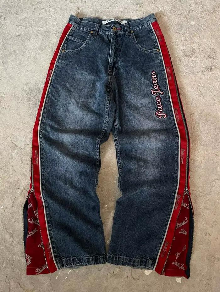 Jeans baggy Y2K brodés lettres rouges style High Street pour femme mode streetwear rétro pantalon large polyester coton ocassions spéciales