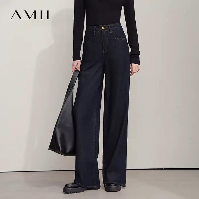 AMII minimaliste femmes Jeans décontractés 2025 automne Style coréen broderie Denim ample jambe large pantalon de luxe
