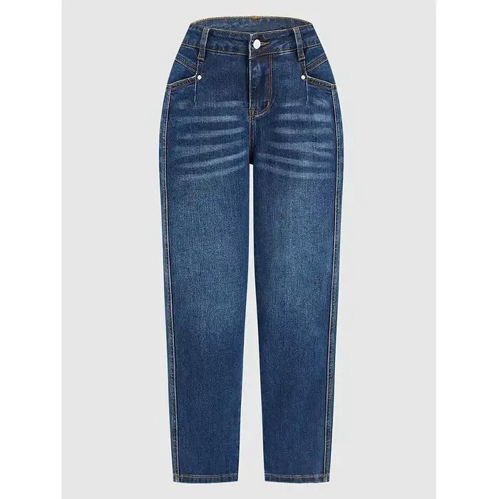 Jean en denim délavé élégant à coupe droite et ample