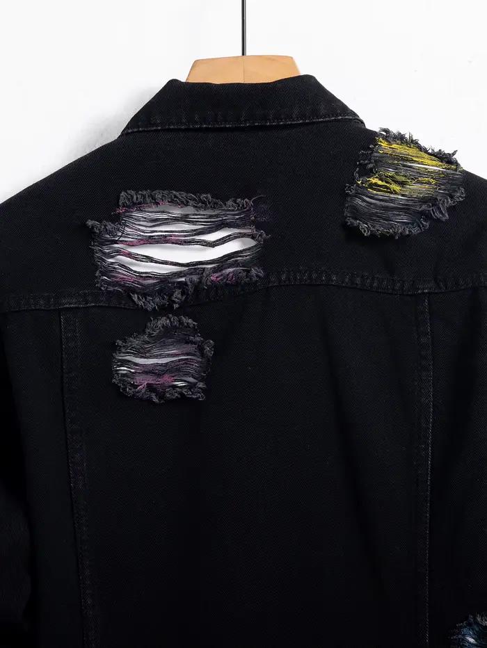 Veste en jean déchiré noir pour homme pour le printemps et l'automne. Éclaboussures de peinture aléatoires.