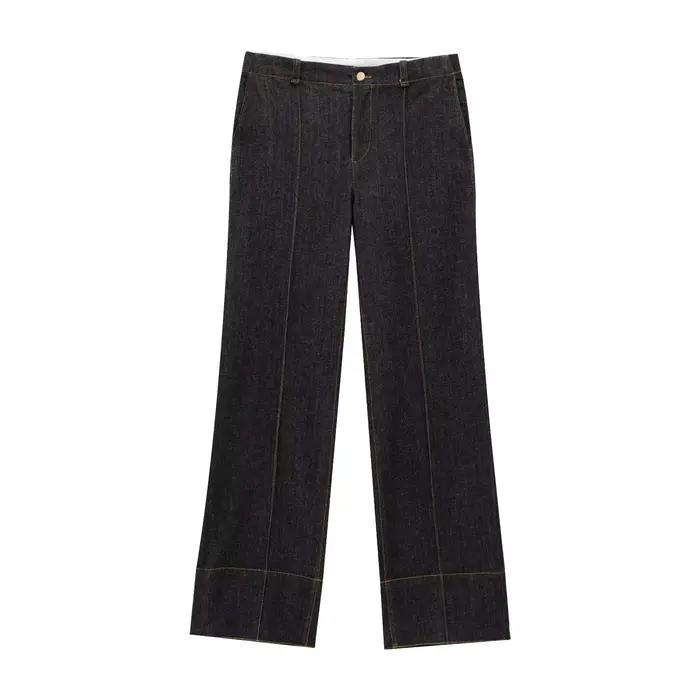 Ensemble deux pièces en denim Zazevity pour femmes, veste bureau et pantalon large, style chic pour plage et bureau, polyester robuste, ajustement droit, fermeture boutonnée, taille disponible XS à L