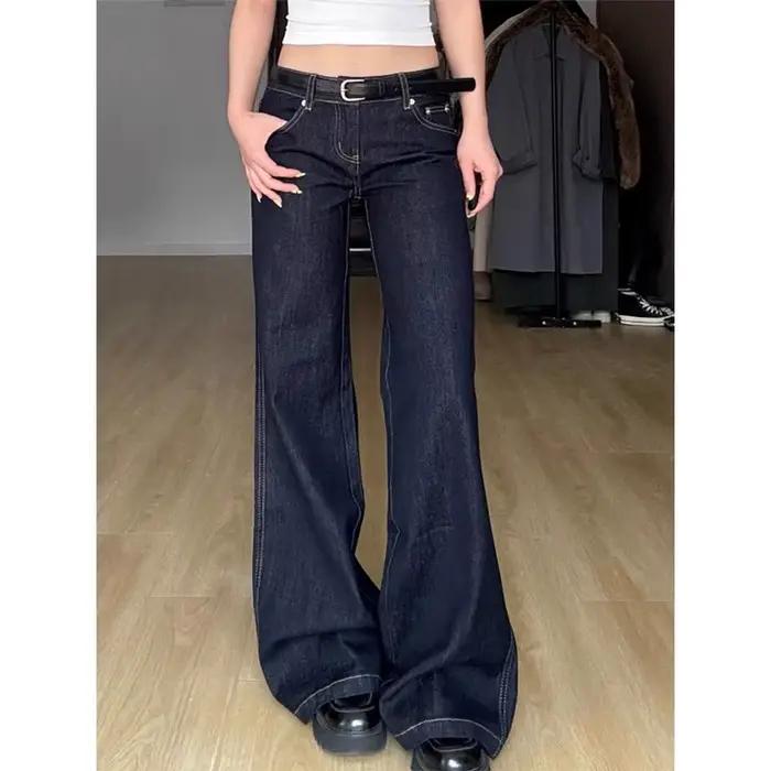 Femme taille basse Vintage décontracté Flare jean coupe ajustée cloche bas pantalon dame mode bleu Denim