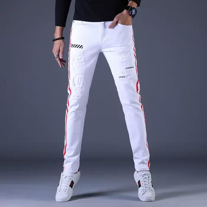 Mode de rue hommes jean blanc Stretch coupe maigre épissé concepteur Biker