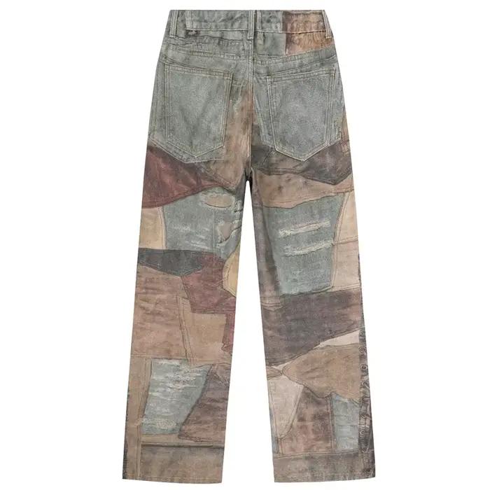 Jeans patchwork imprimé homme style high street loose straight denim pour printemps automne ocassions décontractées