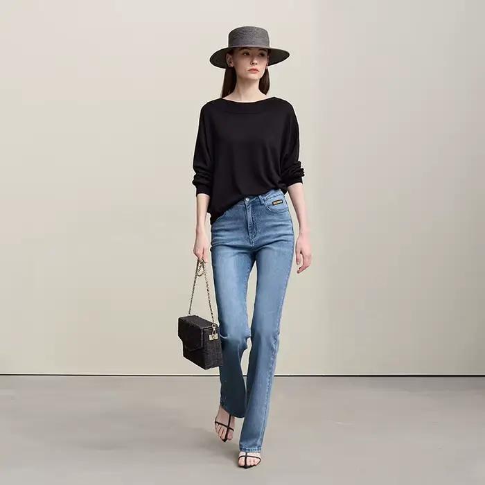 Amii jean évasé printemps 2026 nouveau Style de banlieue décontracté polyvalent femmes pantalon couleur unie Denim