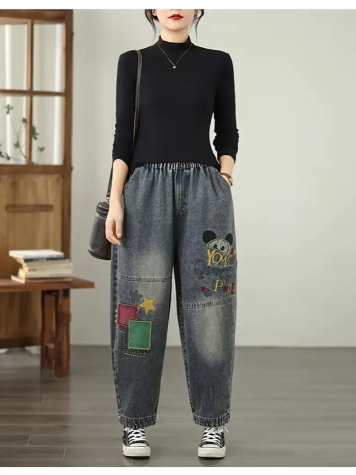 Surdimensionné printemps automne décontracté ample jean vintage broderie nouveau