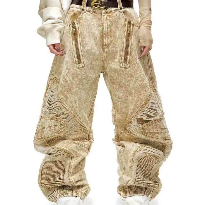 Nouveau Jean Américain Tendance 2025 Style Hip-Hop Urbain Déchiré Coupe Ample à Jambes Larges