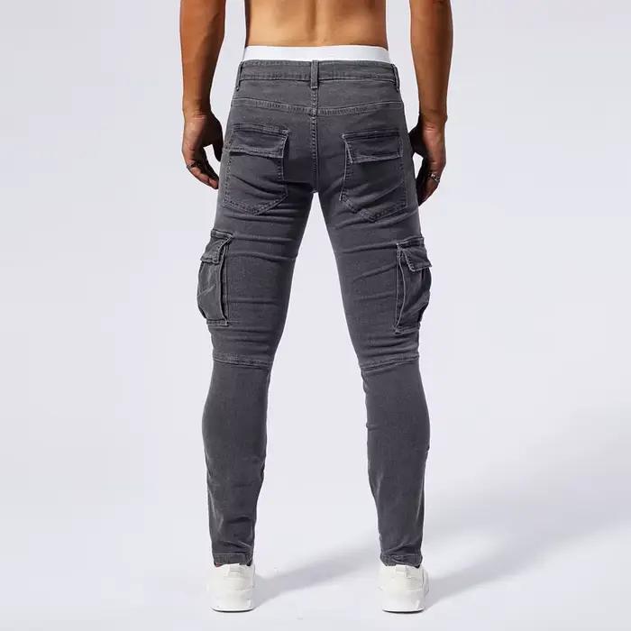 Slim Fit grande poche jean Cargo pantalon pour hommes à la mode décontracté Hip Hop Stretch Denim pantalons longs mâle