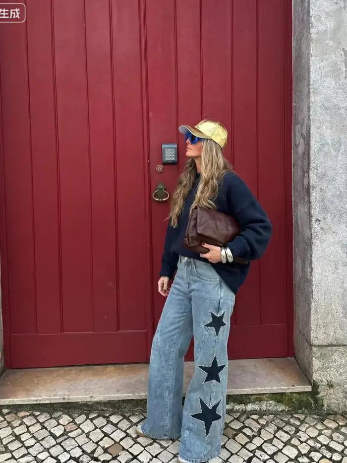 Chic métal Rivet femmes Denim pantalon taille haute droite Baggy jambe large jean pantalon traînant élégant vêtements de rue pantalon décontracté pour printemps été occasions variées
