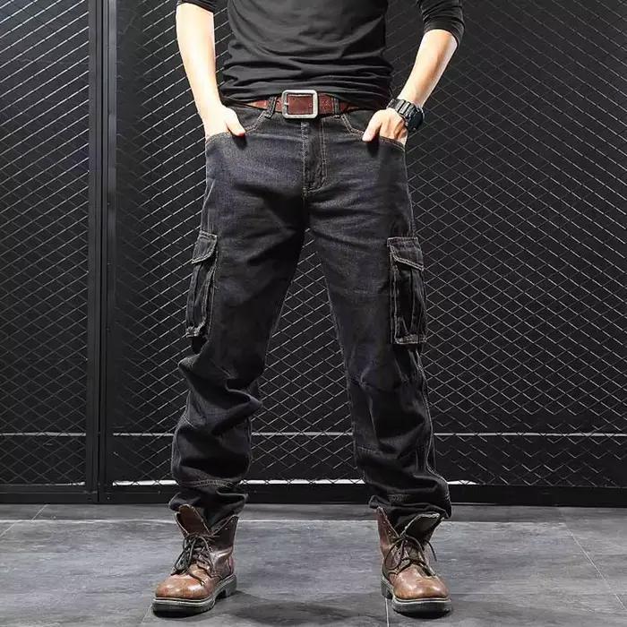 Jean Cargo MciPatrick ny-Pantalon Style Moto Multi-Poches Bleu Denim Délavé Pour Hommes Occasions Quotidiennes