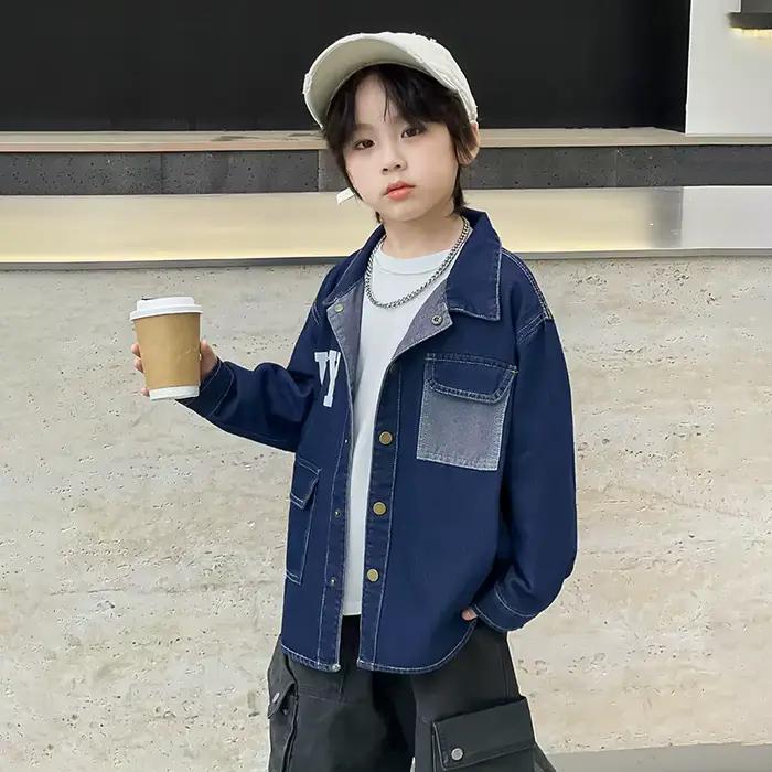 Kids Retro Dark Blue Denim Jacket Coat with Letters For Teens Boy Harajuku Streetwear Clothing Children Casual Jeans Outfit