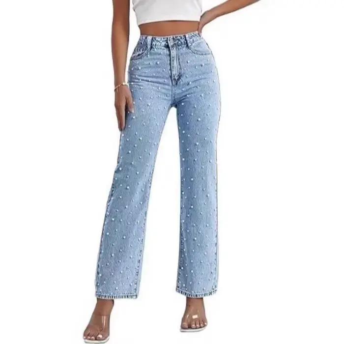 Nouveau pantalon en jean délavé perlé pour femme Printemps-Été 2026
