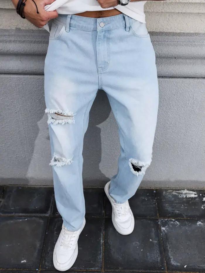 Jean déchiré bleu clair pour homme pour le printemps et l'automne. Pantalon