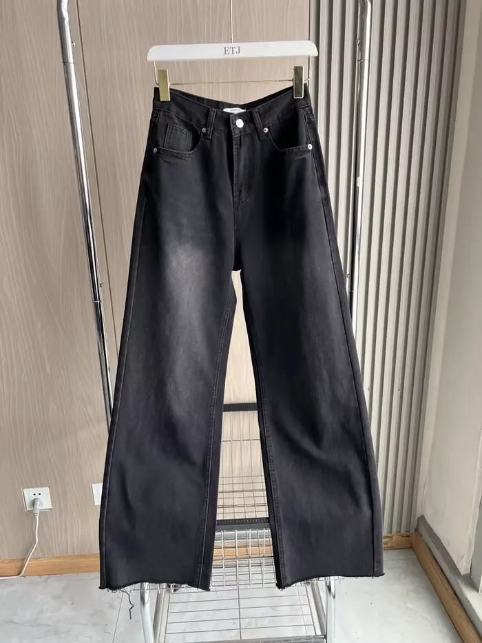 ETJ jean taille haute à jambes larges femme classique tout avec cinq poches lavé doux confortable