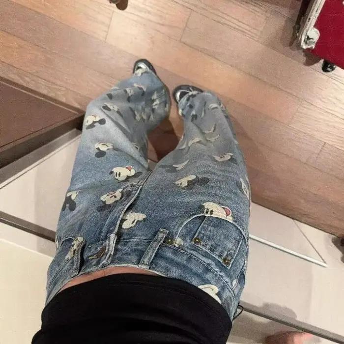 Jeans pour filles de style rétro américain Pantalon ample décontracté pour l'automne printemps impression de dessins animés matériaux coton polyesters adapté aux adolescents occasions sportives cadeaux