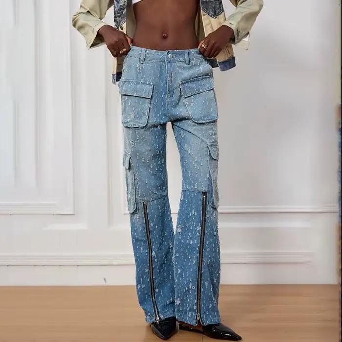 Jean droit déchiré style rétro américain pour femme