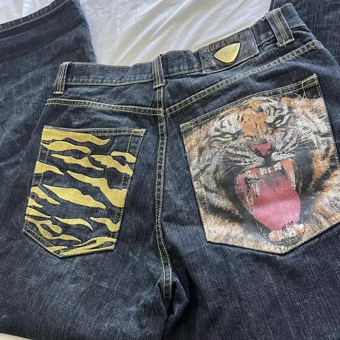 Jeans en denim foncé pour homme, imprimé tigre, poche brodée avec rayures dorées, style Y2K streetwear, baggy, vintage, hip-hop, décontracté