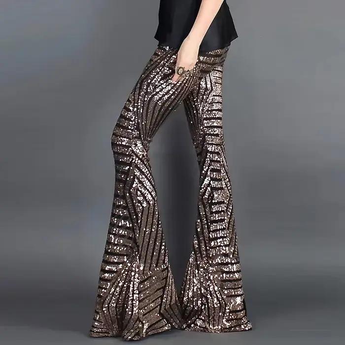 Paillettes taille haute pantalon évasé maigre Streetwear sauvage basique mince 2025 tendance Patchwork décontracté été
