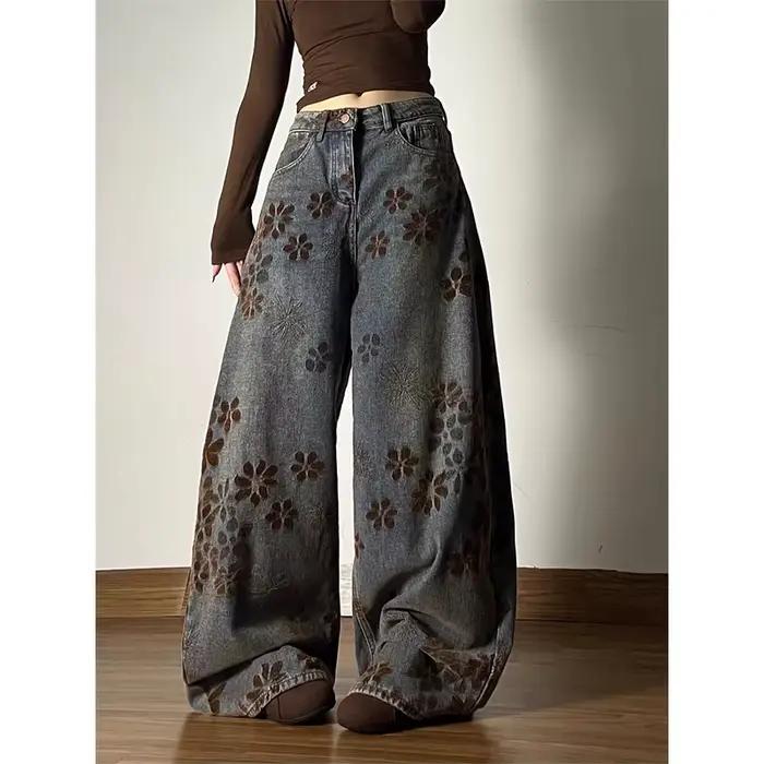 Femmes bleu Baggy Y2k Jean Vintage Harajuku taille haute broderie
