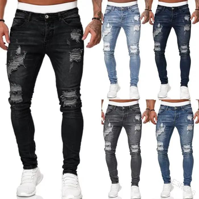 Hommes jean genou trou déchiré Stretch maigre Denim pantalon couleur unie noir bleu automne été Hip-Hop Style Slim Fit