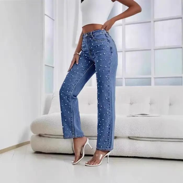 Nouveau pantalon en jean délavé perlé pour femme Printemps-Été 2026
