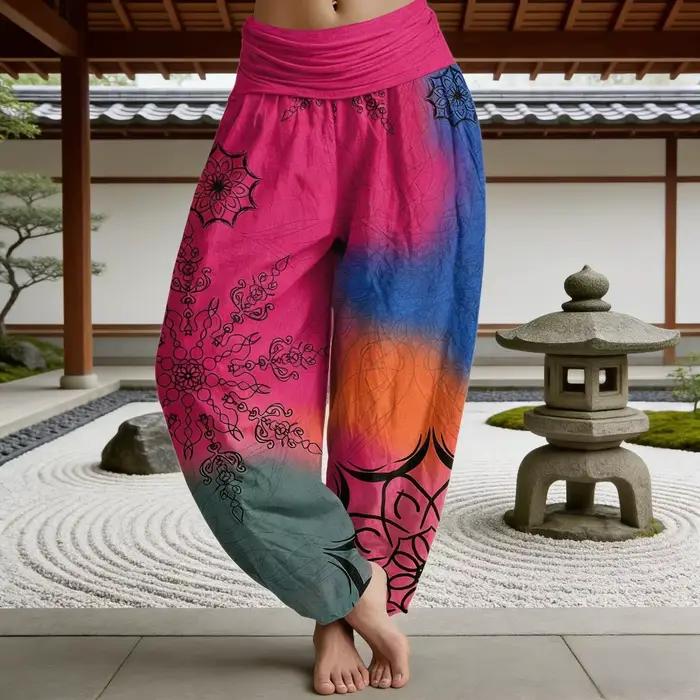 Pantalon Harem en Coton Imprimé Floral Bleu Bohème pour Femme – Léger
