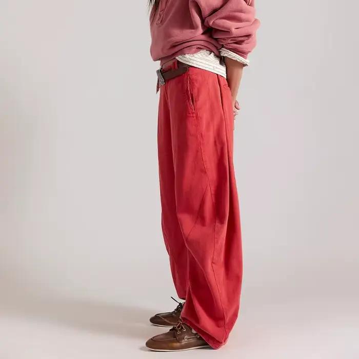 Pantalon large décontracté taille haute en coton lavé coupe baril pour femme