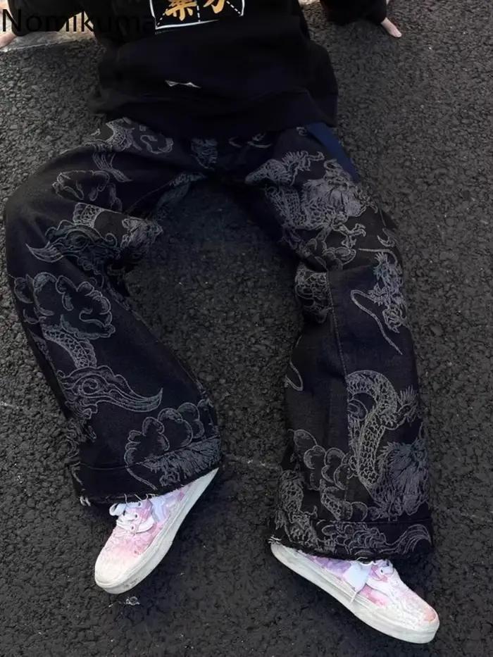 Jean Harajuku imprimé dragon pour femme