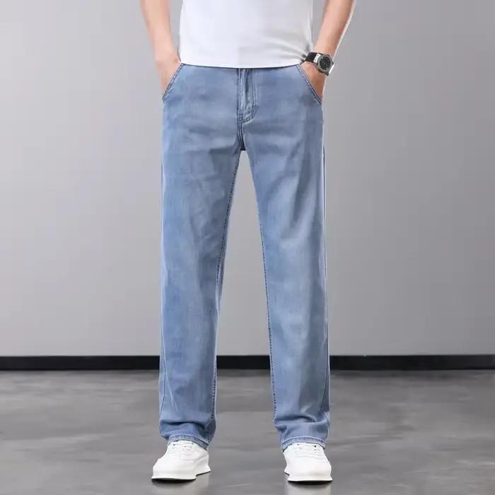 Été mince hommes jean Lyocell tissu doux respirant droit Denim pantalon marque homme élastique glace soie
