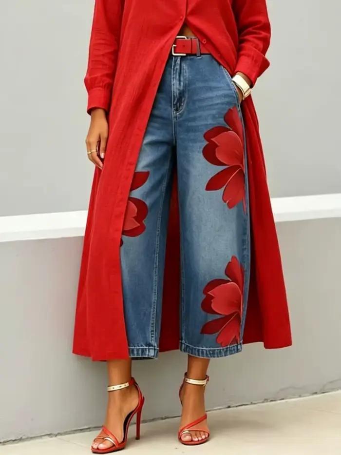 Jean décontracté pour femme à imprimé floral