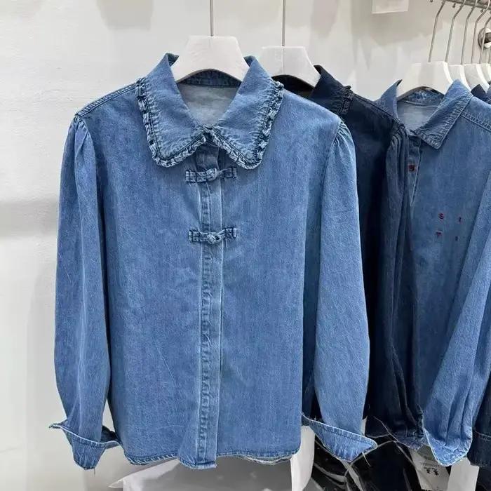 Chemisier en jean style rétro chinois décontracté pour femme printemps été hauts décontractés occassions bureau et week-end