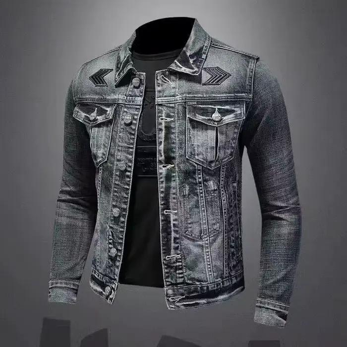 2025 automne/hiver nouveaux hommes haute rue rétro veste en jean coton Denim tissu brodé mode tendance