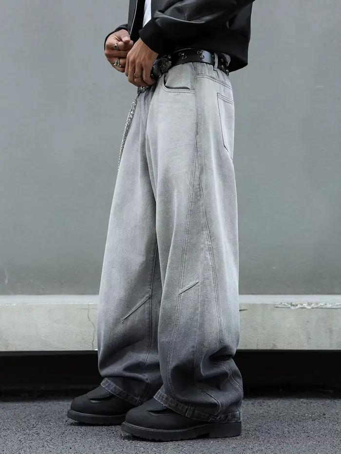 Jeans gris foncé décontractés à jambes larges et délavés pour homme