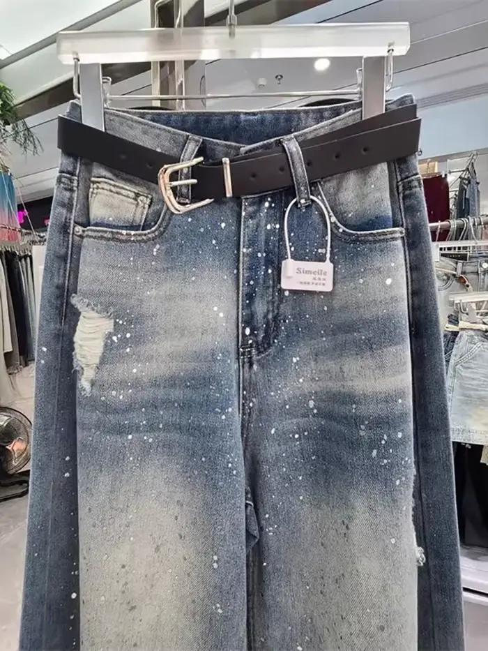 Jeans à trous cassés rétro américain pour femmes, taille haute, jambes larges, robustes et confortables pour diverses occasions