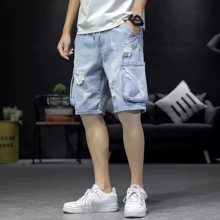 Bermuda jean court pantalon pour hommes avec poches homme Denim Shorts Cargo Baggy nouveau en coupe tendance 2025 boutons rétro luxe mince vente