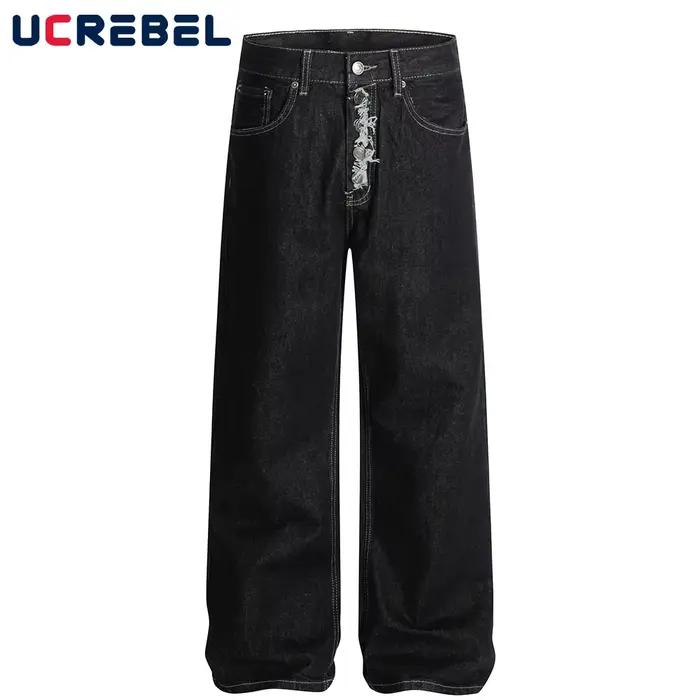 Jeans amples UCREBEL en denim foncé pour hommes, coupe ample, jambes larges, matière coton, adaptable à quatre saisons, style décontracté, ajustement lâche, fermeture bouton volant